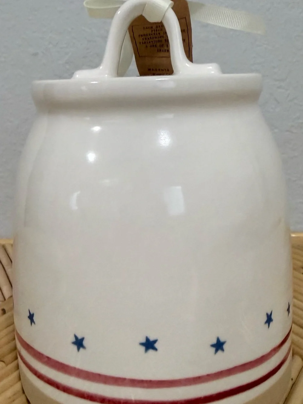Rae Dunn  HOMEMADE Ceramic Canister Patriotic Red Stripes Blue Stars Lid 16 oz
